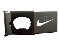 Nike Gun Metal Belt Buckle Cutout Swoosh Logo SilverTone Beer Opener 2.5×1.75”