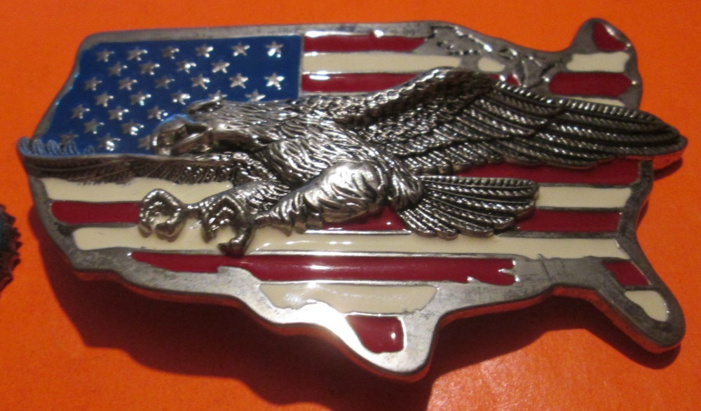 Pewter Belt Buckle Patriotic US Flag Map and Eagle