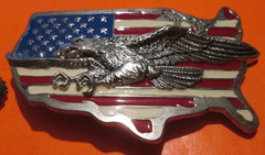 Pewter Belt Buckle Patriotic US Flag Map and Eagle