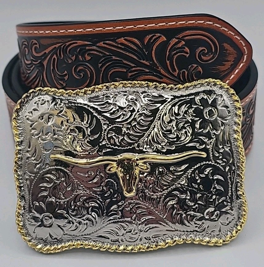 Western Style Texas Longhorn Belt Buckle w/ Belt 46in waist
