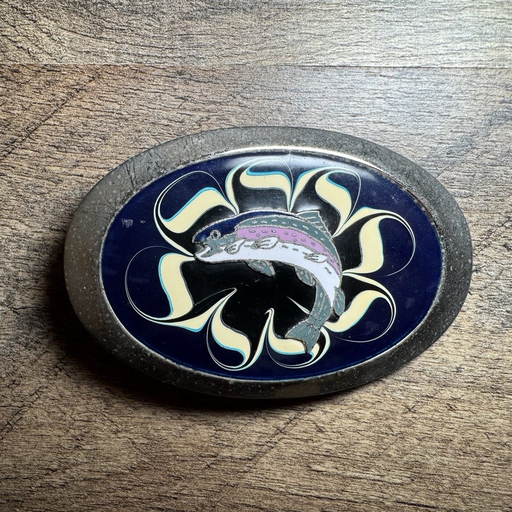 Unbranded Trout Belt Buckle Mens OS Blue Good Vintage Enamel Fishing Oval