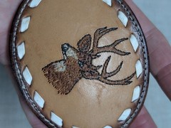 vintage DEER belt buckle STITCHED leather WESTERN handcrafted BIG BUCK brown