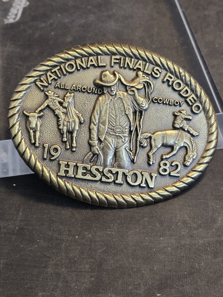 Vintage 1982 NFR National Finals Rodeo Hesston PRC 3D 8th Ed. Brass Belt Buckle