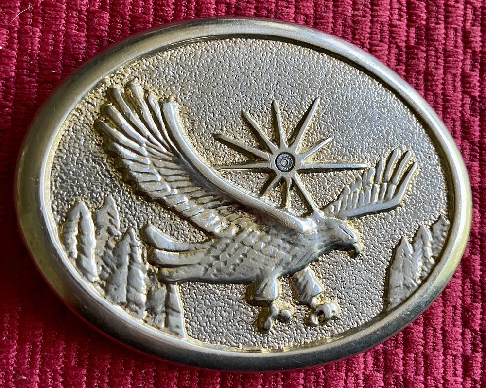 EAGLE SWOOPING HAWK STAR SUN RAYS SHINING MOUNTAINS BELT BUCKLE RAPTOR BIRD