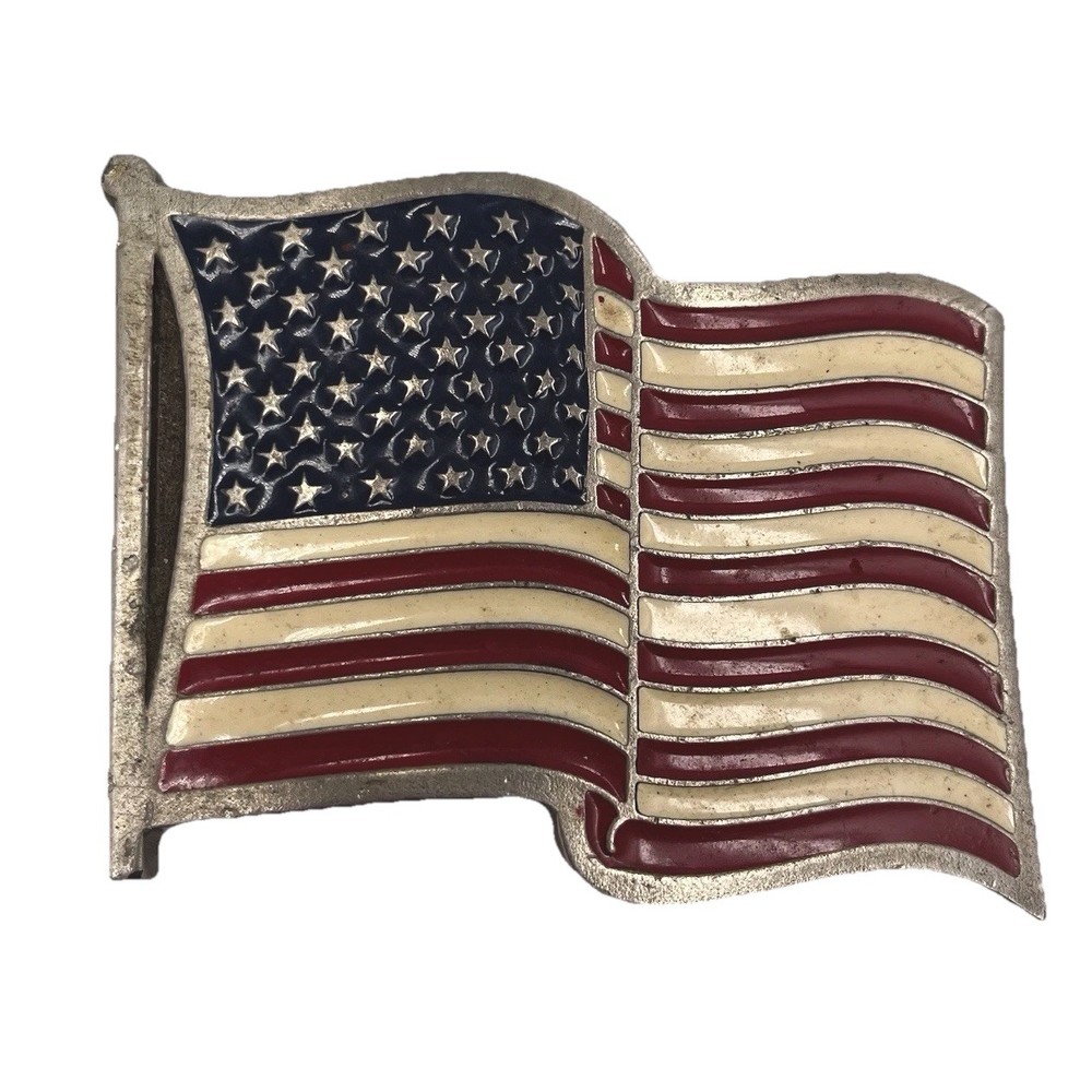 Metal Belt Buckle American Flag Waving Stamped #2155 Patriotic 2.5&Prime; x 3&Prime; Vintage