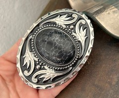 Western Black Vein Stone Belt Buckle Engraved Silver Oval Cowboy Style