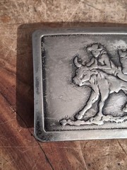 Vintage Belt Buckle Western Steer Wrestling Cowboy Rodeo Pressed 70s