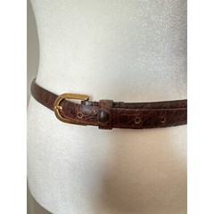 HALSTON brown leather belt with solid brass gold tone buckle