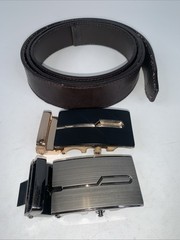 AU Mens Belts Automatic Gold & Silver Buckles Black Leather Ratchet Work Belt