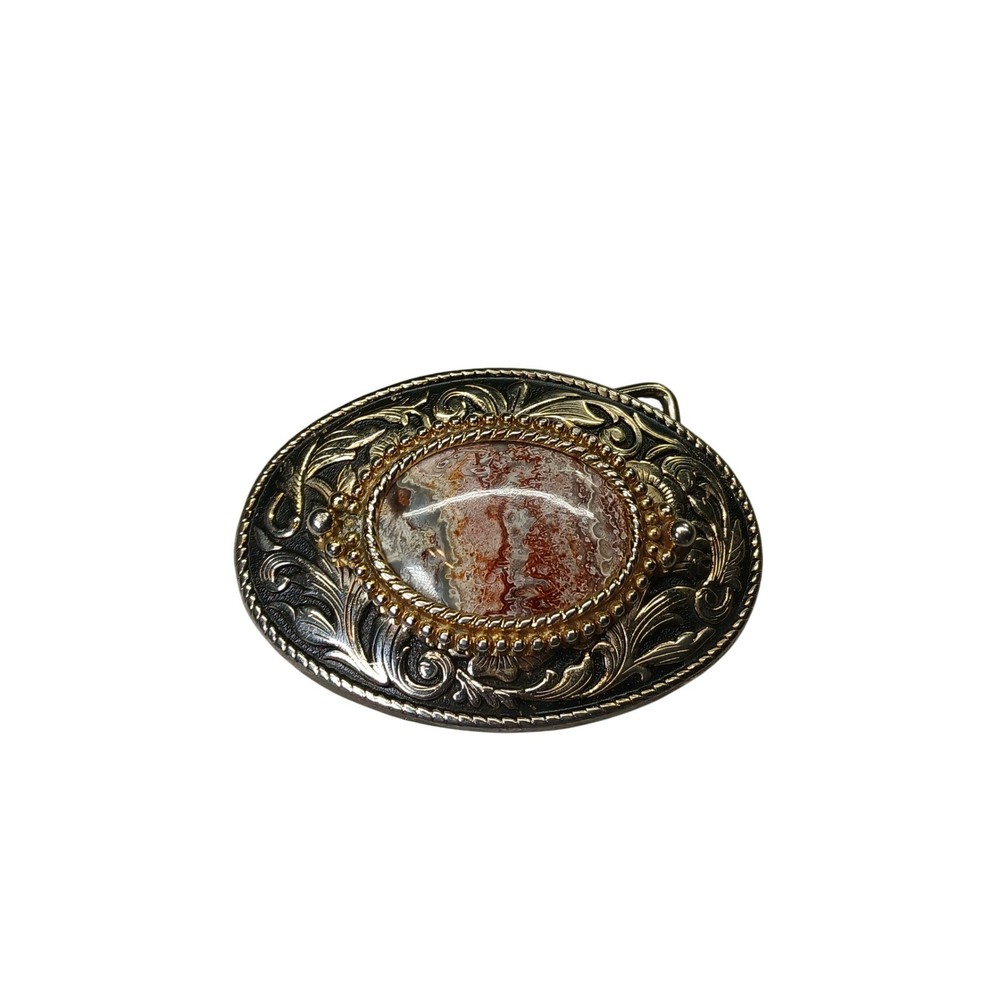 Western Floral Lace Agate Belt Buckle Two Tone Gold Silver Oval Cowboy Boho