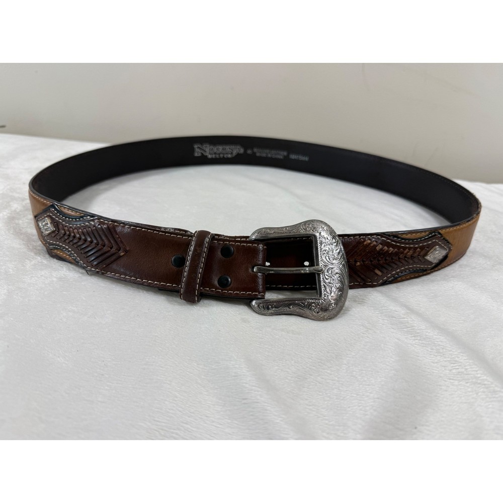 Nocona Western Leather Belt Men&rsquo;s Size 40 Brown Tooled Engraved Buckle