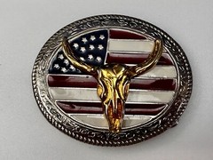 Texas Longhorn United States Flag Stars Stripes Forever Enameled Belt Buckle