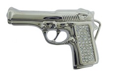 Gun Belt Buckle Silver Chrome Metal Blinged Iced Style Fashion Men Women Cowgirl