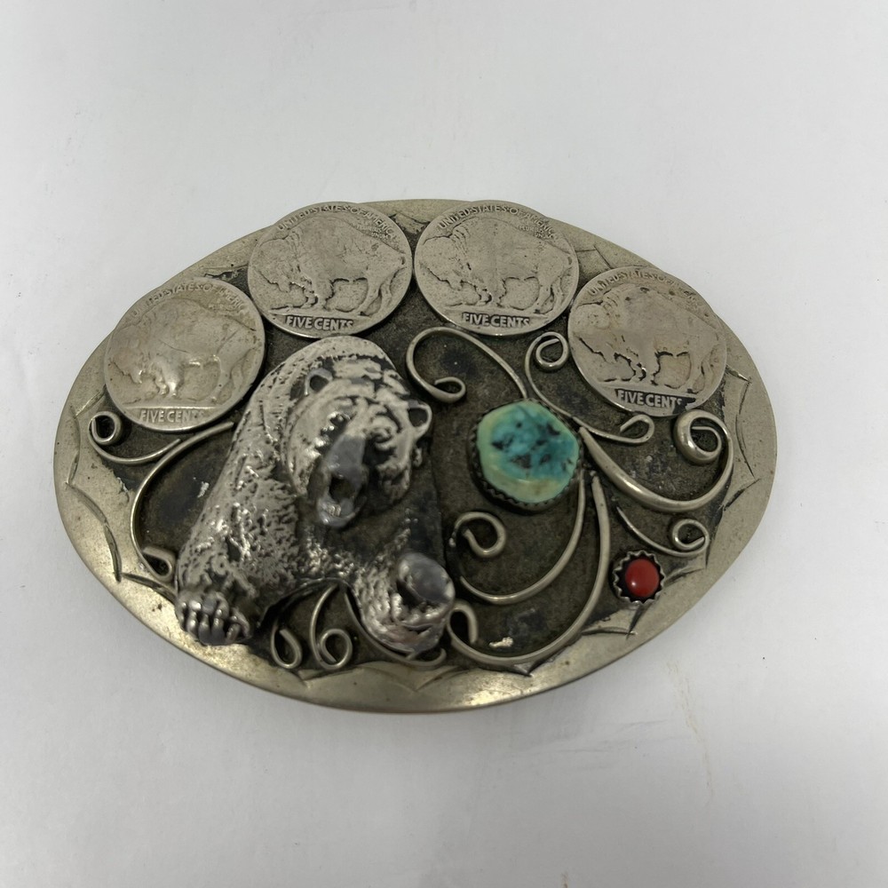 Vintage Bear Buffalo Nichols Belt Buckle Turquoise/Coral