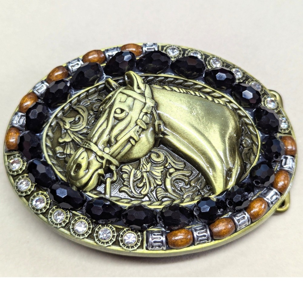 New Horse Head Belt Buckle Gold Tone Black Faceted Beads Clear Rhinestone Beaded