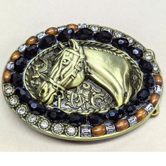 New Horse Head Belt Buckle Gold Tone Black Faceted Beads Clear Rhinestone Beaded