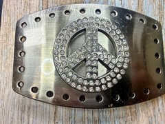 Peace Symbol Sign Rhinestone Bling Hole Border Hippy Silver Tone Belt Buckle