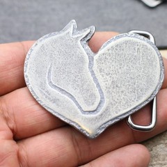Country Style Horse Head Heart Belt Buckle in Dark Silver, Vintage Interchangeable Buckle