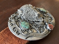 Vintage Sterling Signed Gomez Belt Buckle – Buffalo Turquoise/Coral