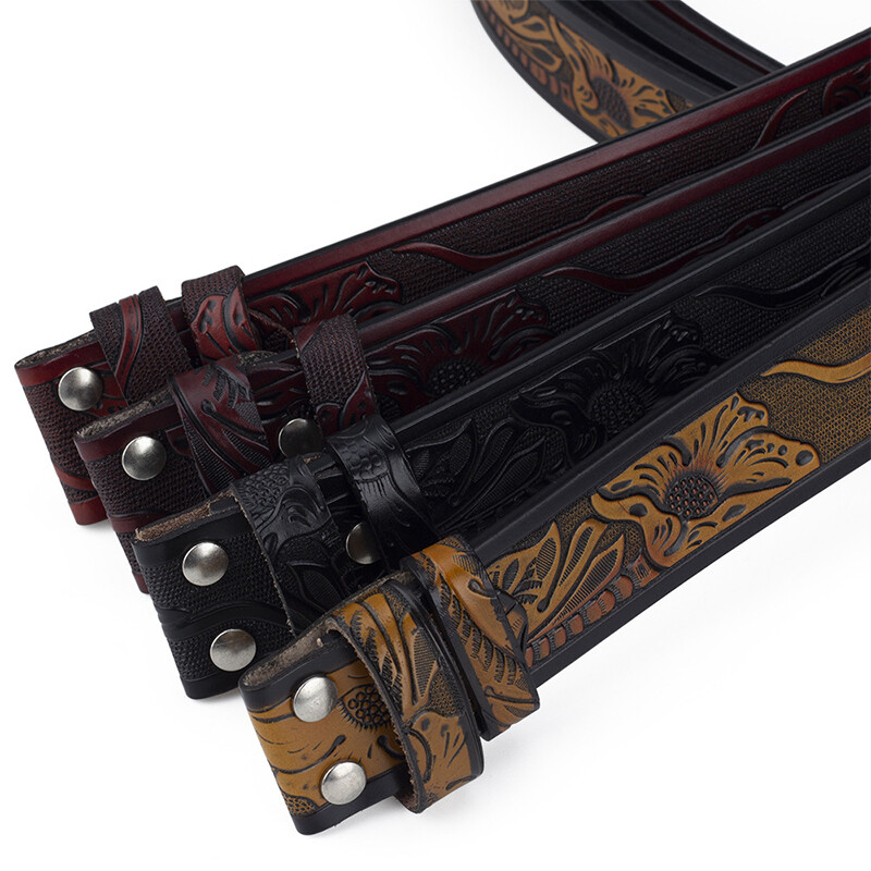 Leather Belts Without Buckle Two Layer Embossed No Buckle Strap Buckle Free Belt