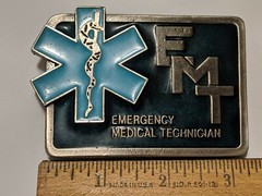 4 LOT BELT BELT BUCKLES GANJA, ELECTRICIAN, CORONA, EMT EMERGENCY TECHNICIAN