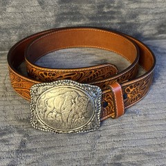 Crumrine Buffalo Belt & Buckle Western Silver Tone 38058 Cowboy LEATHER Belt 42