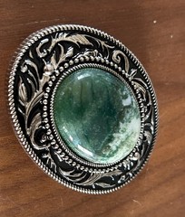 Green Stone Belt Buckle Engraved Silver Western Design Cowboy Rodeo Vintage