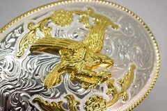 Belt Buckle Mens Silver Western Eagle Floral Scroll Oval Metal 6 Inch Cowboy