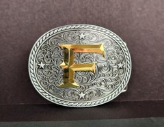 Western Belt Buckle Initial Letter F Two Tone Pewter And Gold Oval