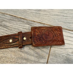 Tooled Leather Belt 32 Brown Stash Locket Buckle Western Hidden Pocket
