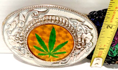 Hemp Leaf Belt Buckle Metal w/ 39” Belt Cannabis 420 Weed Cheeba Holographic