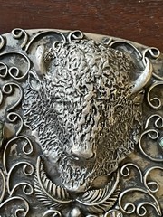 Vintage Sterling Signed Gomez Belt Buckle – Buffalo Turquoise/Coral