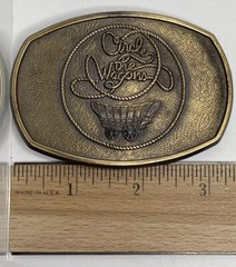 Vintage Western Belt Buckle Circle The Wagon Cowboy Rustic Pioneers Signed RJ