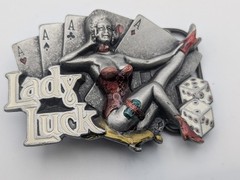 Vintage 1991 Lady Luck Belt Buckle – Dragon Designs Pewter Pin-Up Gambler DD109