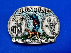 Hunting An American Tradition Vintage Belt Buckle Deer Duck Dog Colorful USA