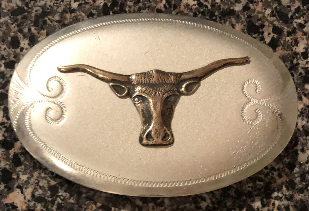 LONGHORN STEER TROPHY WESTERN TEXAS COWBOY BULL SILVER BELT BUCKLE