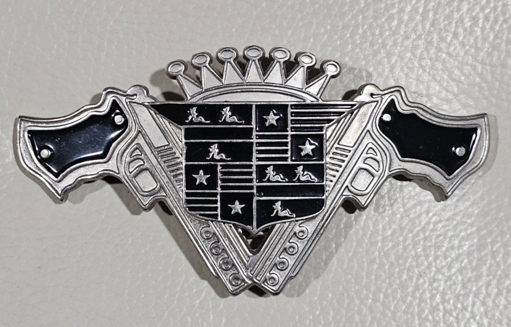 Cadillac Crest Crossed Pistols Belt Buckle Bottle Opener Silver Black