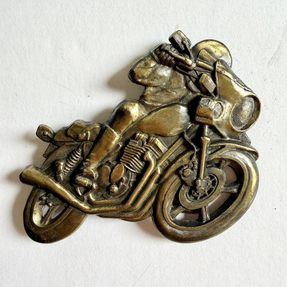 Vintage Brass Motorcycle & Rider Belt Buckle, Biker