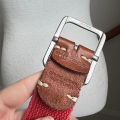 Vintage Red Canvas Brown Leather Belt Silver Buckle Preppy Statement