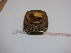 1980s HORSES BLACK & WHITE BELT BUCKLE MADE USA GOLD METAL RESIN VINTAGE