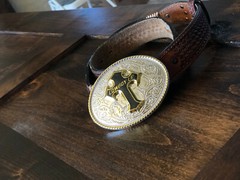 Western 3&Prime;x4&Prime; 3D Enamel Cross with Cowboy Up Oval Buckle Religious Unisex New