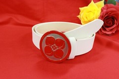 Red Silver Pop Buckle Peach Four Leaf Clover White Leather Round Adjustable Belt