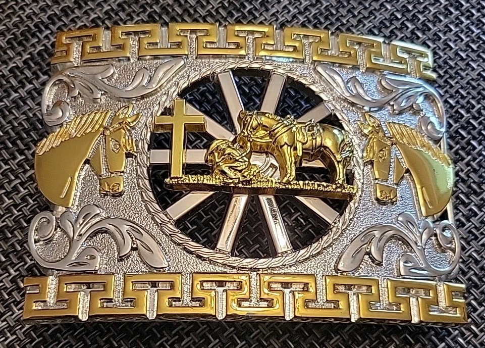 Unbranded Belt Buckle, Silver And Gold Tone Cowboy Kneeling Horse Cross