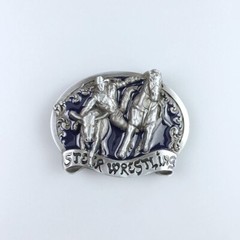 Blue Enamel Rodeo Steer Wrestling Western Belt Buckle Boucle de Ceinture