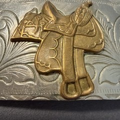 Vintage Rockmount Denver Colorado Nickel Silver Horse Saddle Western Belt Buckle
