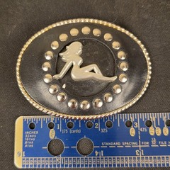 Vintage Trucker Girl Leather Belt Buckle Mudflap Silhouette Silver Studs Oval