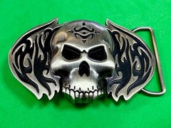 Skull with Flames Cutout Silver & Black Color Silver Moon Creations Belt Buckle