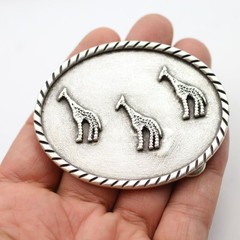 Belt Buckle Giraffe Family Antique Silver Oval Animal Print Safari Nature Design