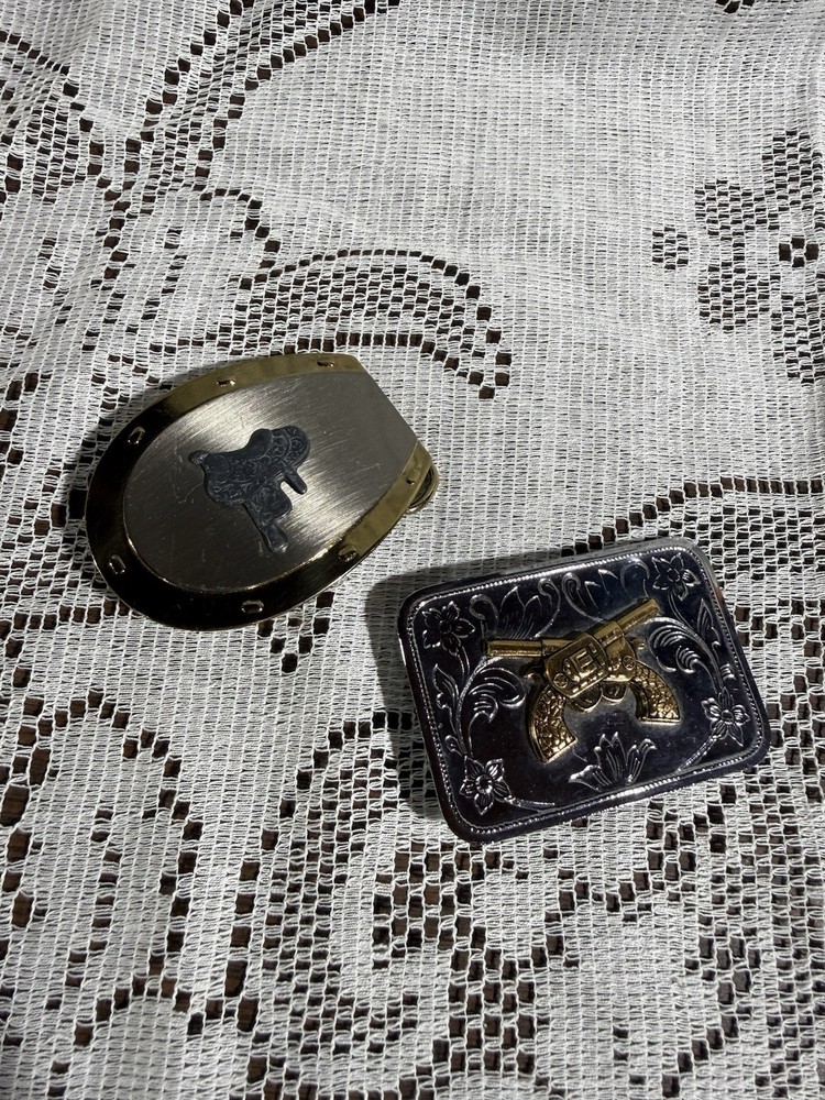 Set of 2 Metal Western Belt Buckles for Men – Cross Revolver And Saddle Design