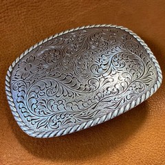 Western Antique Floral Engraved Rope Edge Design Belt Buckle 9×6.5cm Silver USA